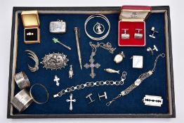 A TRAY OF ASSORTED SILVER AND WHITE METAL ITEMS, to include a silver cross pendant embellished