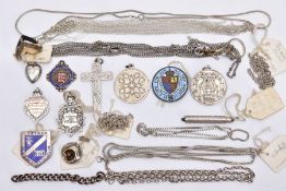 A SELECTION OF SILVER AND WHITE METAL JEWELLERY AND MEDAL FOBS, to include a silver watch key