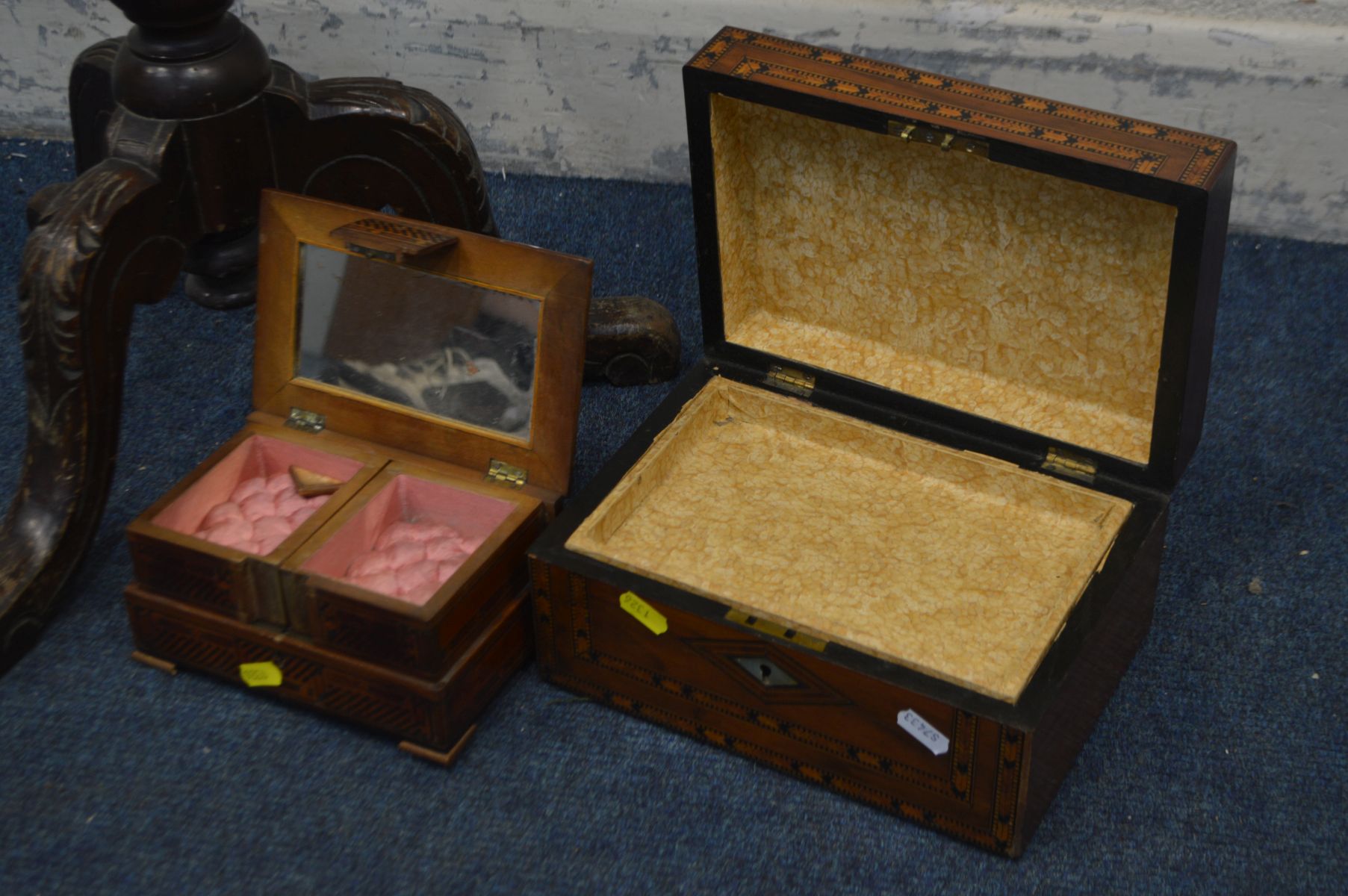 A LATE VICTORIAN WALNUT AND MARQUETRY INLAID OCTAGONAL TRUMPET WORK TABLE, with a fitted interior, - Image 5 of 6