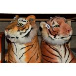 TWO MODERN SOFT TOY TIGERS POSED IN RECUMBENT POSITIONS, overall lengths including tails