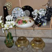 SUNDRY ITEMS, to include two quartz wall clocks, glass ceiling light shades, plafoniere, artifical