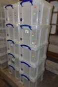 TEN REALLY USEFUL BOX COMPANY 35 LITRE CLEAR PLASTIC BOXES AND LIDS (10)