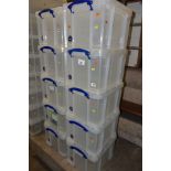 TEN REALLY USEFUL BOX COMPANY 35 LITRE CLEAR PLASTIC BOXES AND LIDS (10)