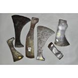 SIX VINTAGE AXE HEADS including an Elwell No 7 felling, a 9'' edge Trade 13½'' long, an 18th Century