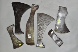 SIX VINTAGE AXE HEADS including an Elwell No 7 felling, a 9'' edge Trade 13½'' long, an 18th Century