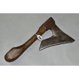 A 19TH CENTURY FRENCH SIDE AXE, stamped Chaussee A Thor (?), with a 9 inch edge, 15 inches in