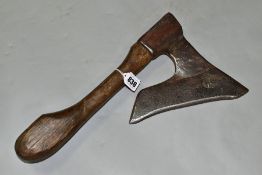 A 19TH CENTURY FRENCH SIDE AXE, stamped Chaussee A Thor (?), with a 9 inch edge, 15 inches in