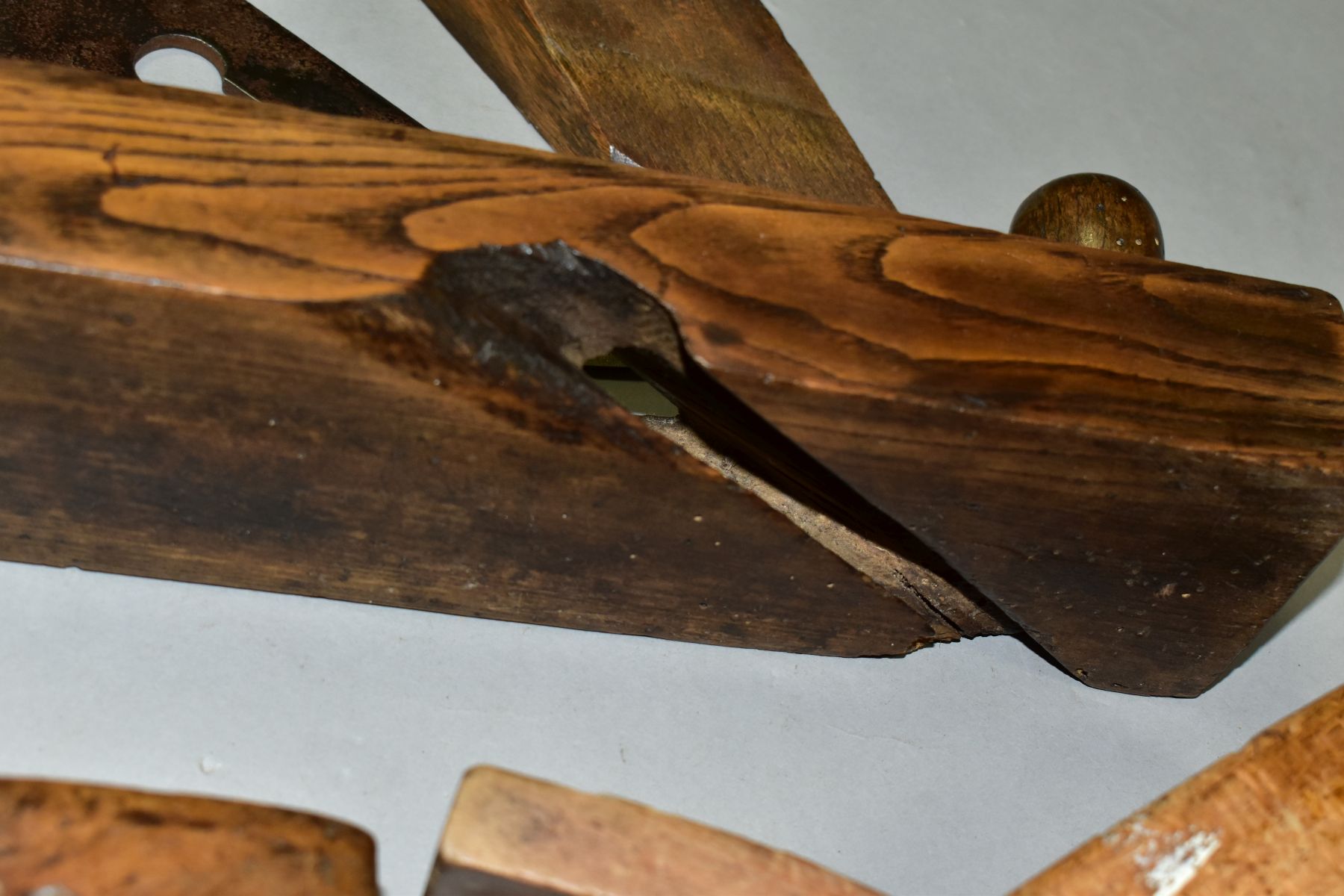 THREE VINTAGE WOODEN PLANES comprising of a 14'' with an angled blade, a 8'' coffin by Atkins and - Image 9 of 9