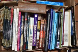 A BOX OF BOOKS AND TWELVE AUCTION CATALOGUES, pertaining to maritime and vintage tools and the