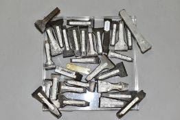 A BOX CONTAINING TWENTY NINE CARPENTERS PERSONAL TOOL STAMPS, all made from cast iron with names