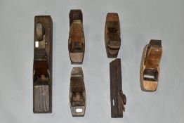 FIVE WOODEN PLANES, comprising of a Compass coffin plane 7½ inches long, three other coffin