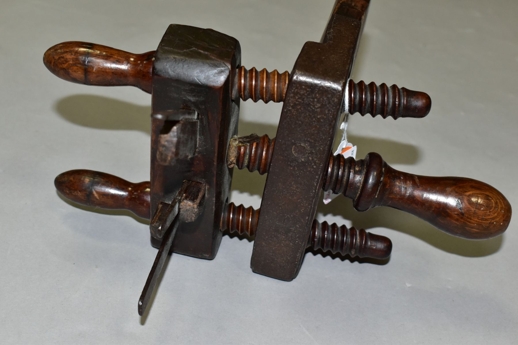 A SMALL 19TH CENTURY TRIPLE SCREW COOPERS CROZE with brass sole plate and iron strap guide, dated - Image 6 of 7