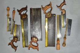 A BOX CONTAINING NINE VINTAGE SAWS with brass or steel back including a Spear and Jackson dovetail