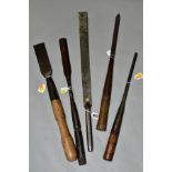 FIVE VINTAGE LONG CHISELS, including a coachmakers outer channel gouge 18 inches long, an 18th