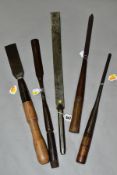 FIVE VINTAGE LONG CHISELS, including a coachmakers outer channel gouge 18 inches long, an 18th