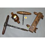 VINTAGE WOOD THREADING TOOLS, including a wood screwbox with two thread sizes, an oak dowd plane and