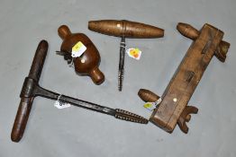 VINTAGE WOOD THREADING TOOLS, including a wood screwbox with two thread sizes, an oak dowd plane and