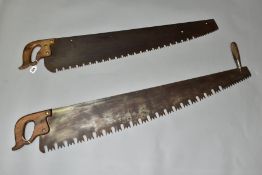 TWO VINTAGE CROSS CUT SAWS, one by Disstons, 37'' long, the other twin handled, 42'' long (2)