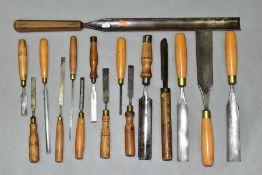 A TRAY CONTAINING SIXTEEN CARPENTERS CHISELS AND GOUGES including 1 11/16'' gouge 27'' long, three