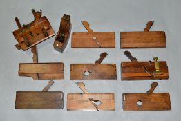 A TRAY CONTAINING TEN VINTAGE PLANES by John Moseley and Sons and Varville including a Plough Plane,