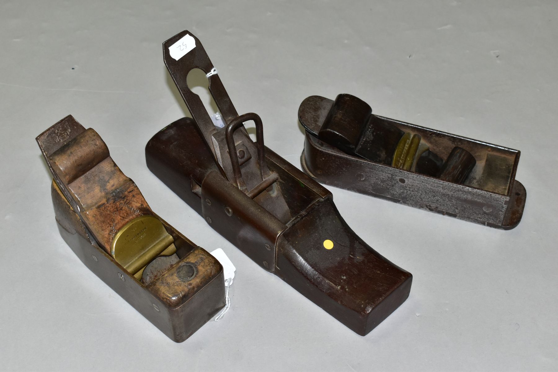 THREE VINTAGE STEEL PLANES including an 8'' dovetailed mitre plane with ebony wedge, a G.