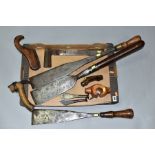 TEN ITEMS OF VINTAGE SHIPWRIGHTS TOOLS including a Gilpin 4'' calking chisel, two other calking