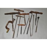 A SELECTION OF VINTAGE WOOD BORING TOOLS, including an oak brace, five T-Auger, a T reamer and other