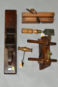 A COLLECTION OF VINTAGE MARPLES TOOLS comprising of a 9'' plough plane with 3/8'' iron, a Joseph