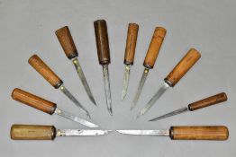 A TRAY CONTAINING TEN VINTAGE MORTICING CHISELS, a ½'' by Sorby, a 1/16'' by Ward, a 5/8 and a ¼''