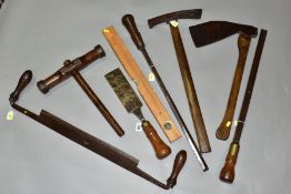 EIGHT ITEMS OF LARGE VINTAGE TOOLS including an Isaac Grieves draw knife with an 18'' edge, a Gilpin