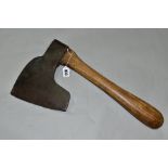 AN INDISTINCTLY MARKED CLOG MAKERS AXE, with an 8 inch edge, 19 inches in length