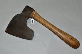 AN INDISTINCTLY MARKED CLOG MAKERS AXE, with an 8 inch edge, 19 inches in length