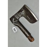 A SMALL SIDE AXE, marked but too indistinct to read, a 5¼ inch edge, snapped handle