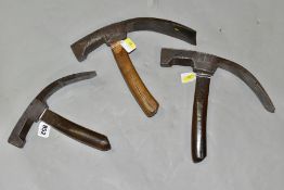 THREE VINTAGE P.W. WALKER OF BURTON COOPERS ADZE, one with a 3'' edge, the other two with 3½'' edges