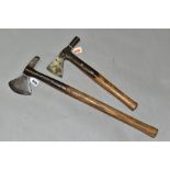 TWO FIREMEN'S AXES, one by Elwell (no. 5159) with a hammer head 3 inch edge, 14½ inch long and the