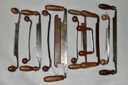 A TRAY CONTAINING ELEVEN VINTAGE DRAWKNIVES including a 12'' Thos Turton, a 5¼'' Benier Carre