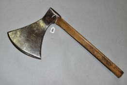 A VINTAGE LEFT HANDED SIDE AXE, marked A. Jarry to the blade with a 10'' edge, 22'' in length