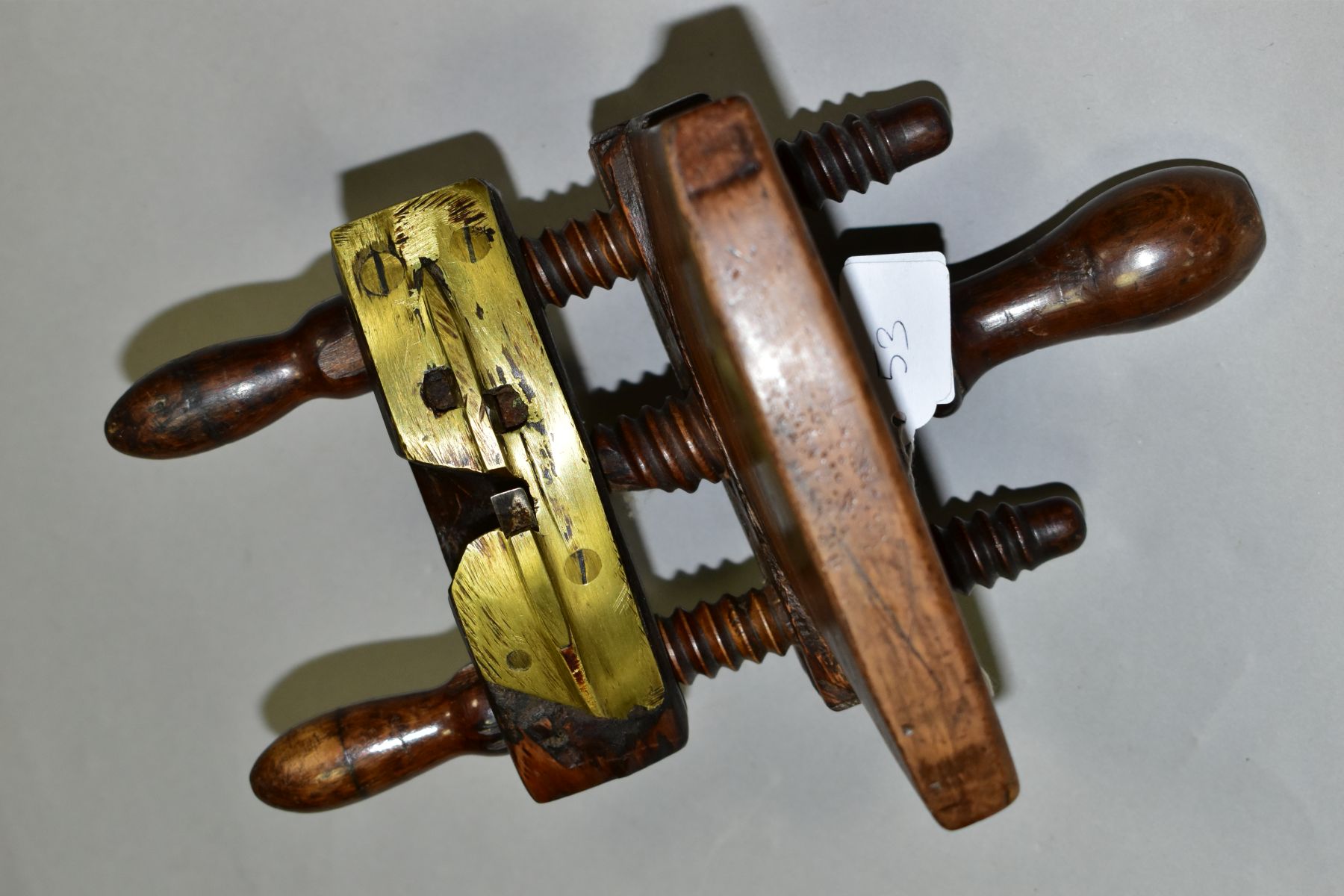 A SMALL 19TH CENTURY TRIPLE SCREW COOPERS CROZE with brass sole plate and iron strap guide, dated - Image 2 of 7