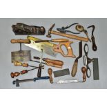 A COLLECTION OF VINTAGE HANDTOOLS including a Stanley No 4 plane, an ornate Preston open handled