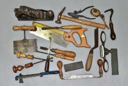 A COLLECTION OF VINTAGE HANDTOOLS including a Stanley No 4 plane, an ornate Preston open handled