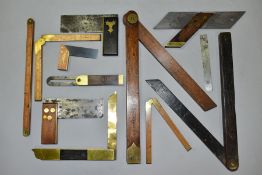 A TRAY CONTAINING VINTAGE MEASURING AND MARKING TOOLS, including a rosewood and brass dovetail