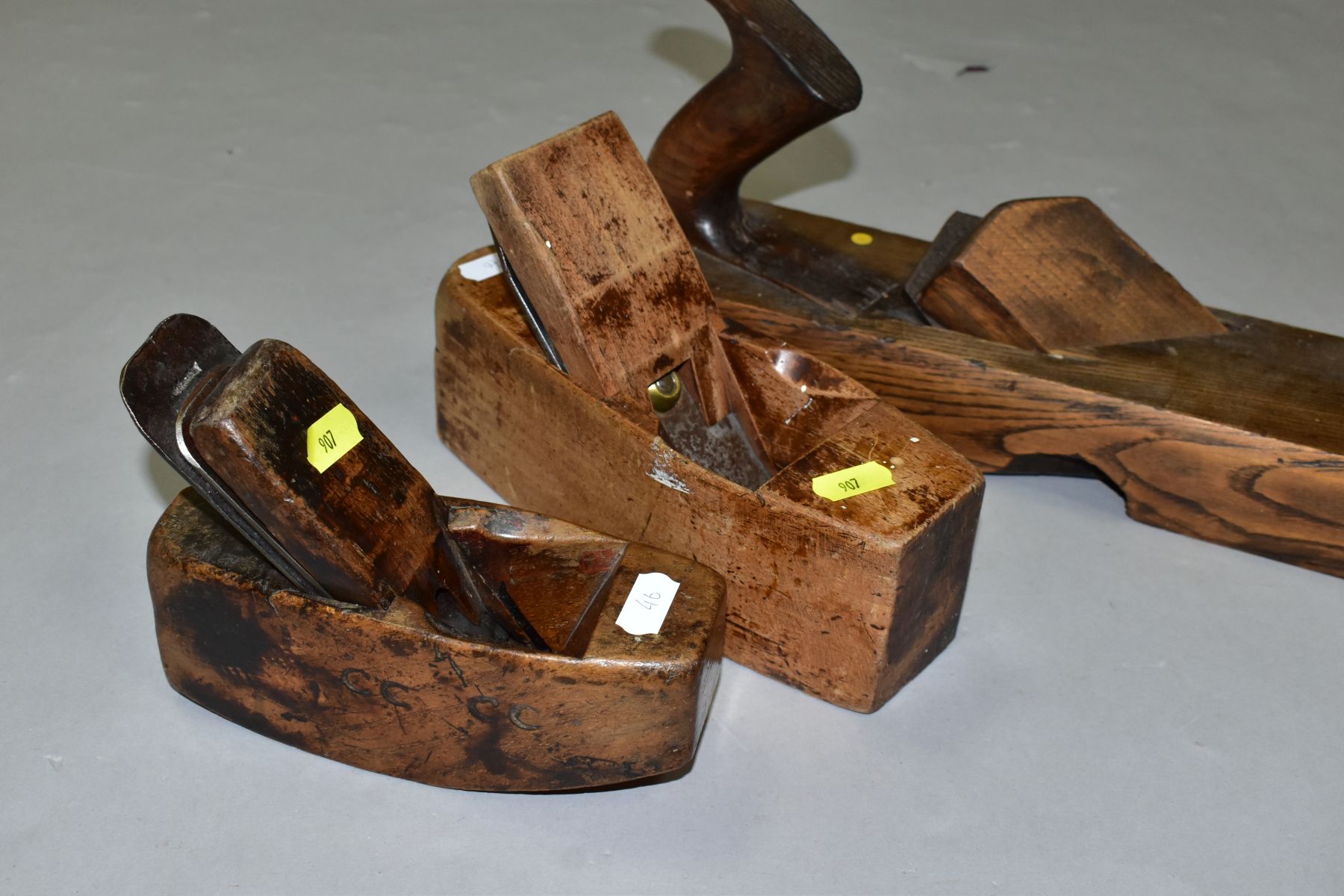 THREE VINTAGE WOODEN PLANES comprising of a 14'' with an angled blade, a 8'' coffin by Atkins and - Image 2 of 9