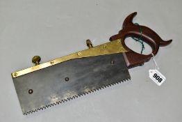 A VINTAGE BACK SAW WITH DEPTH STOP constructed of mahogany with a Moulson blade, steel guide and