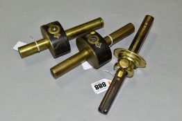 THREE VINTAGE CARPENTERS MORTICE GAUGES, comprising of two with round section brass stock and