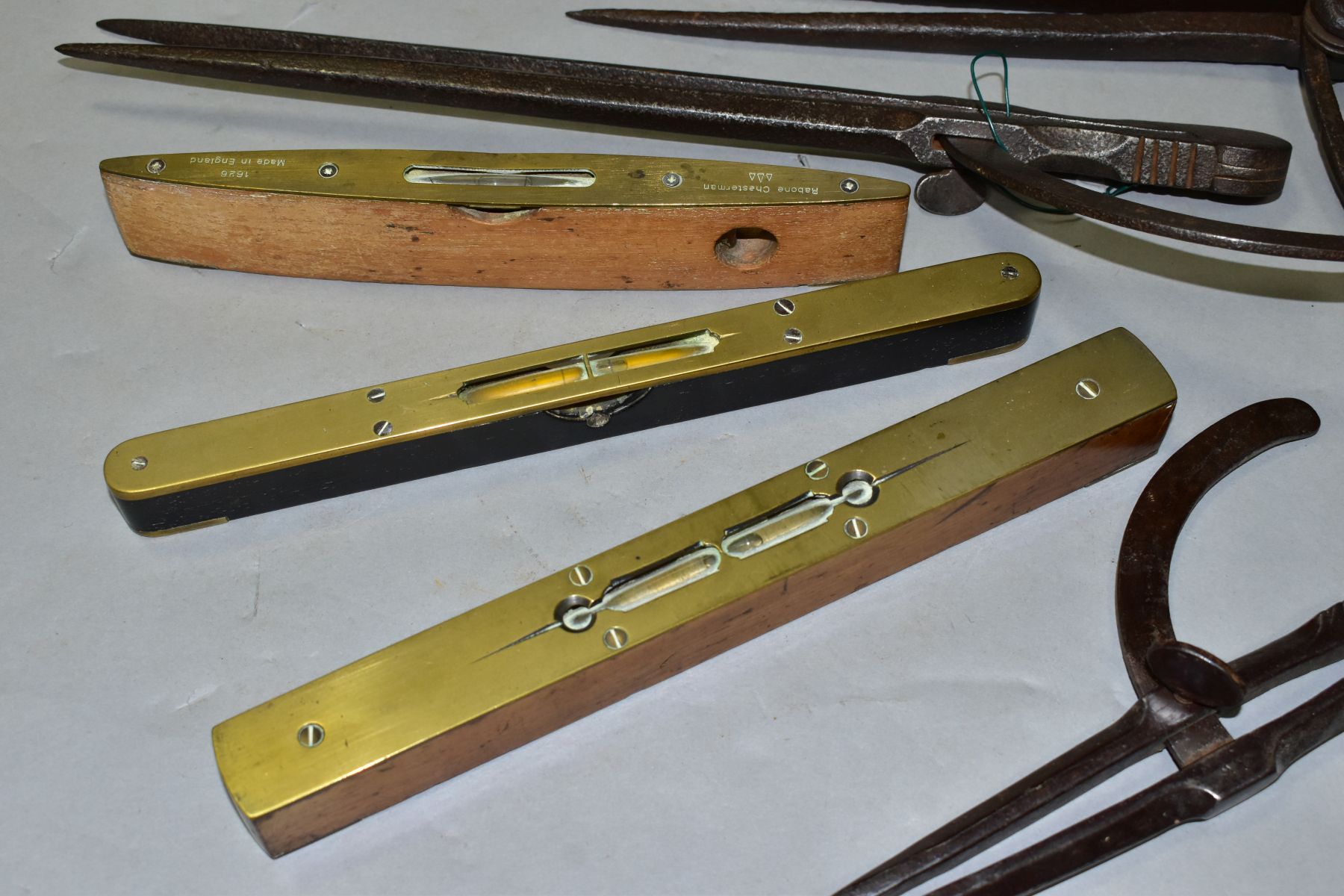 SIX VINTAGE DIVIDERS AND THREE SPIRIT LEVELS, including a Rabone & Chesterman 9'' level, a - Image 2 of 7
