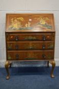 AN EARLY TO MID 20TH CENTURY WALNUT BUREAU with painted chinoiserie decoration, fitted interior