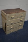 A VINTAGE PAINTED PINE BANK OF TWO SHORT OVER THREE LONG DRAWERS, has been adapted from two separate
