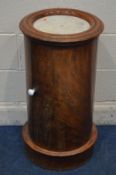 A VICTORIAN MAHOGANY CYLINDRICAL POT CUPBOARD with a marble insert and single door, diameter 42cm