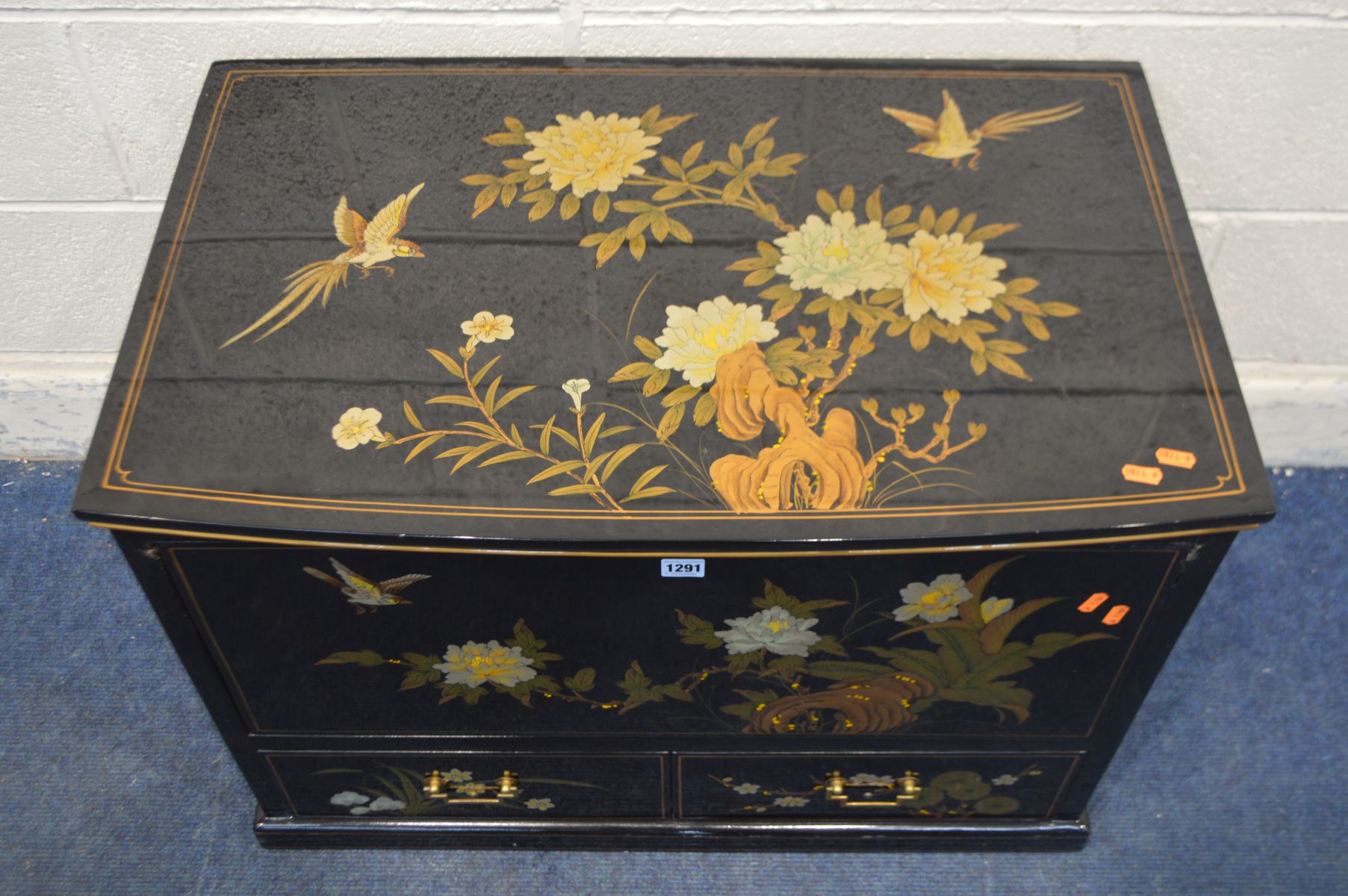 A CHINESE EBONISED AND CHINOISERIE TV CABINET, with a fall front door and two drawers, width 81cm - Image 2 of 3