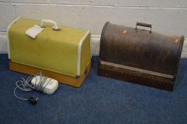 A VINTAGE OAK CASED SEWING MACHINE (Sd, locked and no key) and a Corsair sewing machine (2)